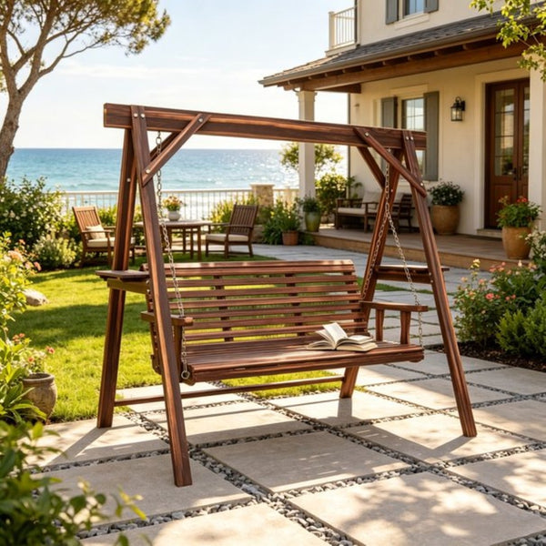 English Elm Poolside A-frame Porch Swing Solid Fir Wood Built-in Side Tables Outdoor Seating T3971P532283