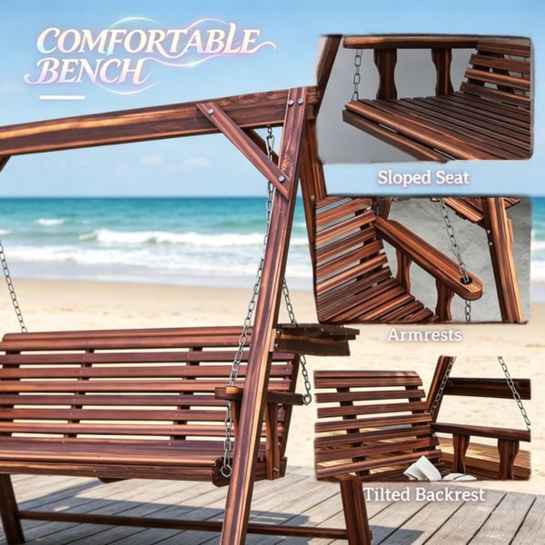 English Elm Poolside A-frame Porch Swing Solid Fir Wood Built-in Side Tables Outdoor Seating T3971P532283