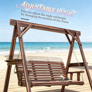 English Elm Poolside A-frame Porch Swing Solid Fir Wood Built-in Side Tables Outdoor Seating T3971P532283