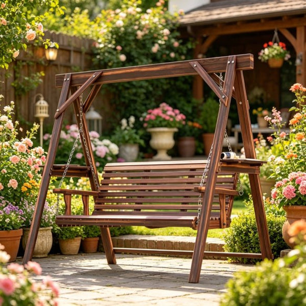 English Elm Poolside A-frame Porch Swing Solid Fir Wood Built-in Side Tables Outdoor Seating T3971P532283