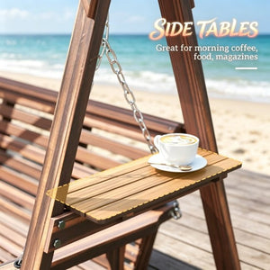 English Elm Poolside A-frame Porch Swing Solid Fir Wood Built-in Side Tables Outdoor Seating T3971P532283