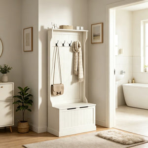 English Elm Multi-use Entryway Hall Tree with Storage Bench Coat Hooks and Cream White Finish T3971P532338