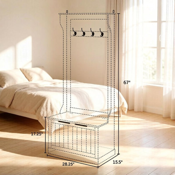 English Elm Multi-use Entryway Hall Tree with Storage Bench Coat Hooks and Cream White Finish T3971P532338