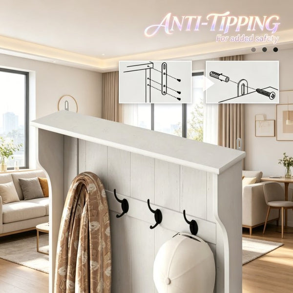 English Elm Multi-use Entryway Hall Tree with Storage Bench Coat Hooks and Cream White Finish T3971P532338