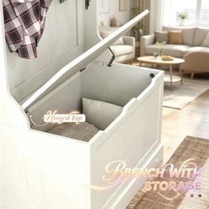 English Elm Multi-use Entryway Hall Tree with Storage Bench Coat Hooks and Cream White Finish T3971P532338
