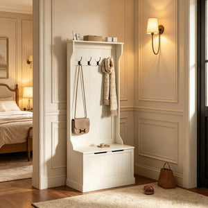 English Elm Multi-use Entryway Hall Tree with Storage Bench Coat Hooks and Cream White Finish T3971P532338