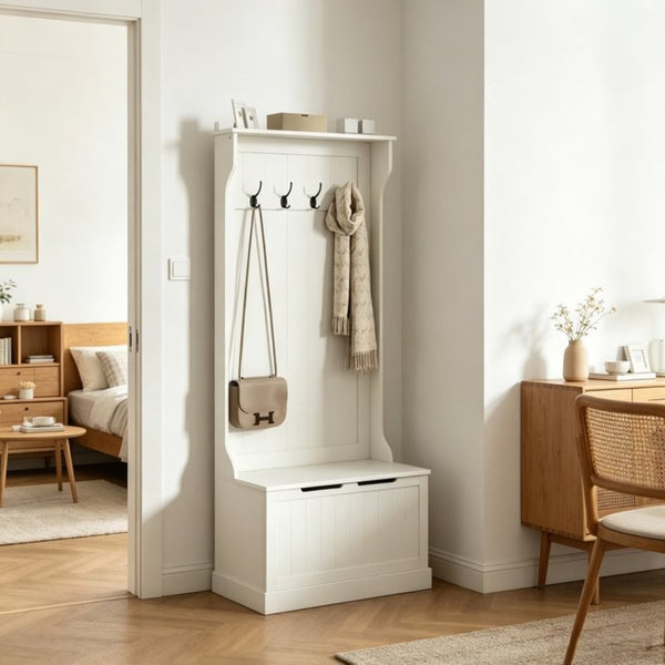 English Elm Multi-use Entryway Hall Tree with Storage Bench Coat Hooks and Cream White Finish T3971P532338