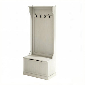 English Elm Multi-use Entryway Hall Tree with Storage Bench Coat Hooks and Cream White Finish T3971P532338