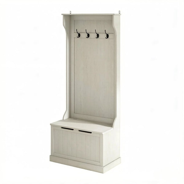 English Elm Multi-use Entryway Hall Tree with Storage Bench Coat Hooks and Cream White Finish T3971P532338
