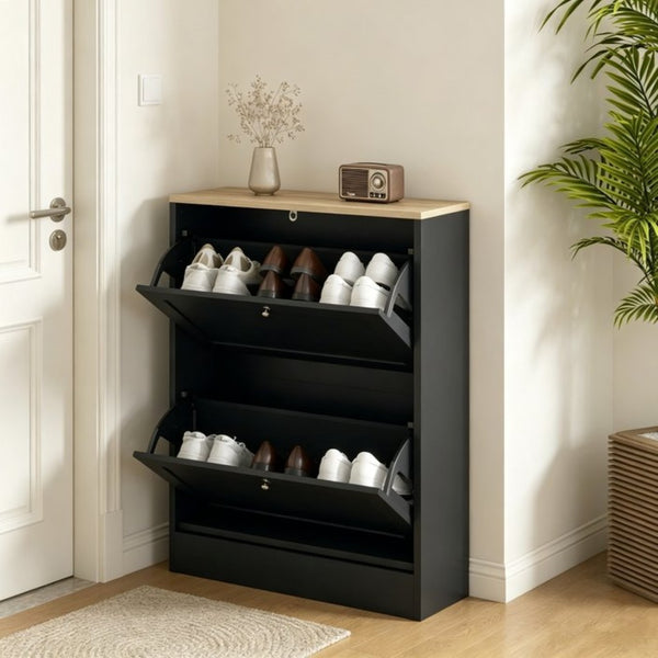 English Elm Narrow Entryway Shoe Cabinet with Flip Drawers for Modern Slim Storage Spaces T3971P532586
