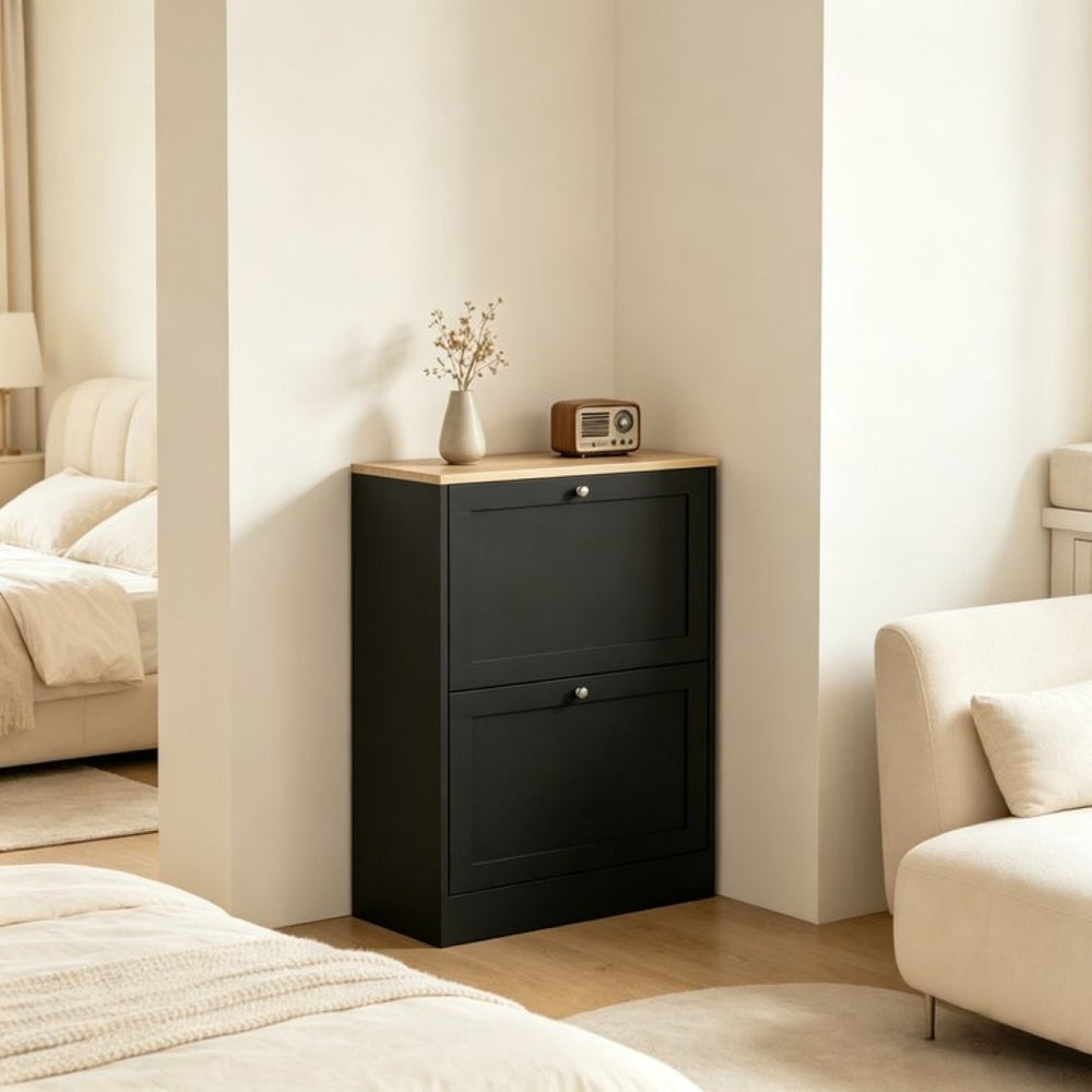 English Elm Narrow Entryway Shoe Cabinet with Flip Drawers for Modern Slim Storage Spaces T3971P532586