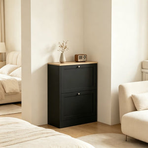 English Elm Narrow Entryway Shoe Cabinet with Flip Drawers for Modern Slim Storage Spaces T3971P532586
