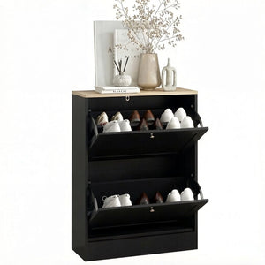 English Elm Narrow Entryway Shoe Cabinet with Flip Drawers for Modern Slim Storage Spaces T3971P532586