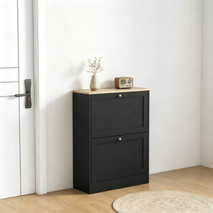 English Elm Narrow Entryway Shoe Cabinet with Flip Drawers for Modern Slim Storage Spaces T3971P532586