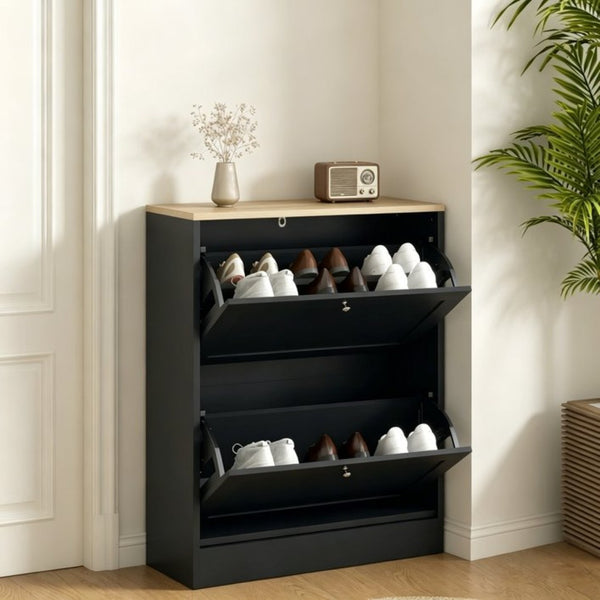 English Elm Narrow Entryway Shoe Cabinet with Flip Drawers for Modern Slim Storage Spaces T3971P532586