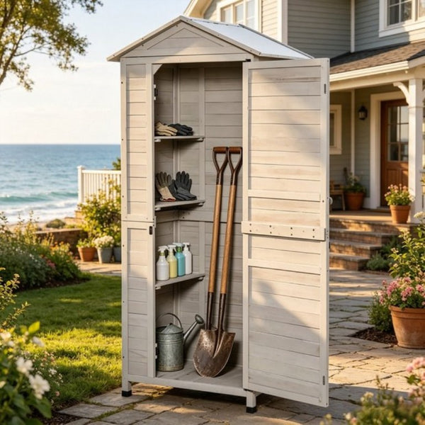 English Elm Outdoor Fir Wood Garden Shed with Sloped Tin Roof Keyed Lock and Vertical Tool Storage T3971P532659