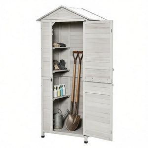English Elm Outdoor Fir Wood Garden Shed with Sloped Tin Roof Keyed Lock and Vertical Tool Storage T3971P532659