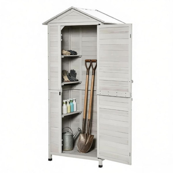 English Elm Outdoor Fir Wood Garden Shed with Sloped Tin Roof Keyed Lock and Vertical Tool Storage T3971P532659