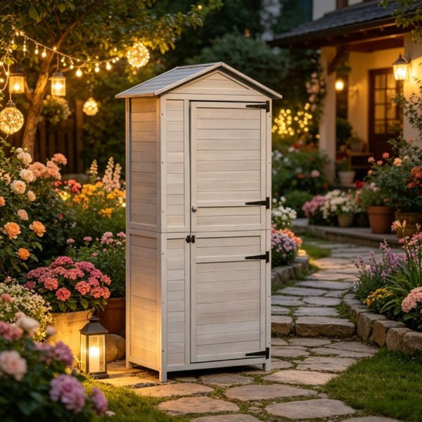 English Elm Outdoor Fir Wood Garden Shed with Sloped Tin Roof Keyed Lock and Vertical Tool Storage T3971P532659