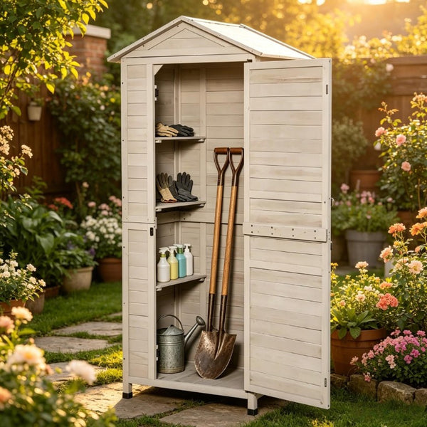 English Elm Outdoor Fir Wood Garden Shed with Sloped Tin Roof Keyed Lock and Vertical Tool Storage T3971P532659