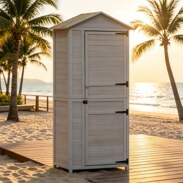 English Elm Outdoor Fir Wood Garden Shed with Sloped Tin Roof Keyed Lock and Vertical Tool Storage T3971P532659
