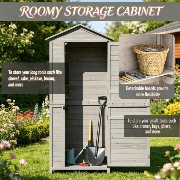 English Elm Outdoor Fir Wood Garden Shed with Sloped Tin Roof Keyed Lock and Vertical Tool Storage T3971P532659