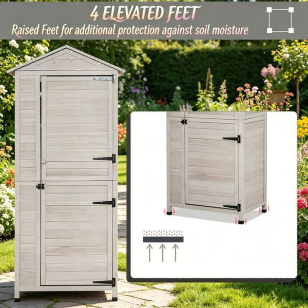 English Elm Outdoor Fir Wood Garden Shed with Sloped Tin Roof Keyed Lock and Vertical Tool Storage T3971P532659