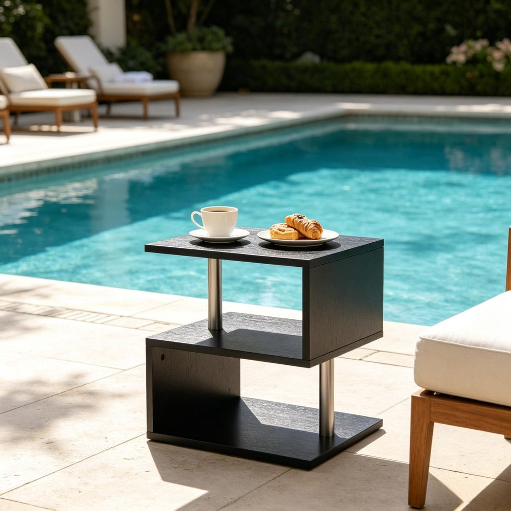 English Elm Chic S-shaped Three Tier Industrial End Table with Matte Black Steel Frame T3971P533840