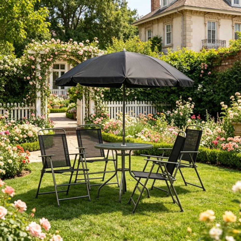 English Elm Outdoor Tempered Glass Patio Dining Set with Umbrella Mesh Chairs Steel Frames T3971P533886