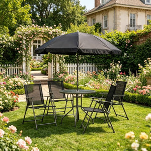 English Elm Outdoor Tempered Glass Patio Dining Set with Umbrella Mesh Chairs Steel Frames T3971P533886