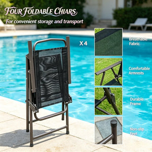 English Elm Outdoor Tempered Glass Patio Dining Set with Umbrella Mesh Chairs Steel Frames T3971P533886