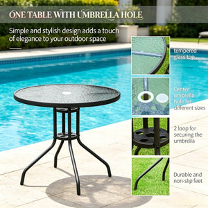 English Elm Outdoor Tempered Glass Patio Dining Set with Umbrella Mesh Chairs Steel Frames T3971P533886