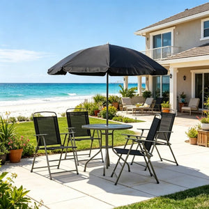 English Elm Outdoor Tempered Glass Patio Dining Set with Umbrella Mesh Chairs Steel Frames T3971P533886