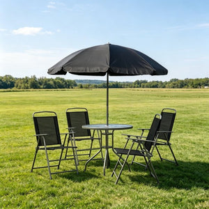 English Elm Outdoor Tempered Glass Patio Dining Set with Umbrella Mesh Chairs Steel Frames T3971P533886