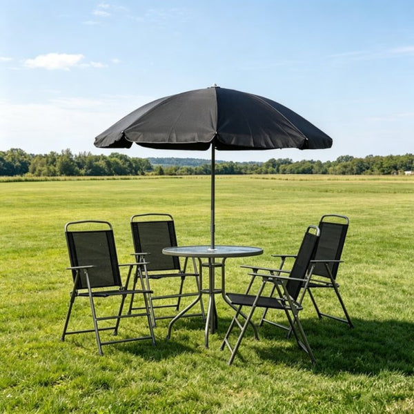English Elm Outdoor Tempered Glass Patio Dining Set with Umbrella Mesh Chairs Steel Frames T3971P533886