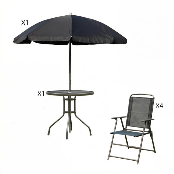 English Elm Outdoor Tempered Glass Patio Dining Set with Umbrella Mesh Chairs Steel Frames T3971P533886
