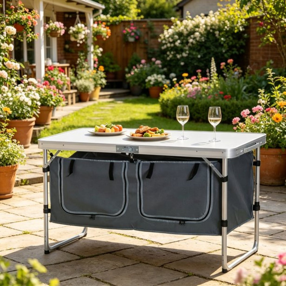 English Elm Foldable Outdoor Camp Table with Aluminum Frame Storage Carton and Adjustable Height T3971P533899