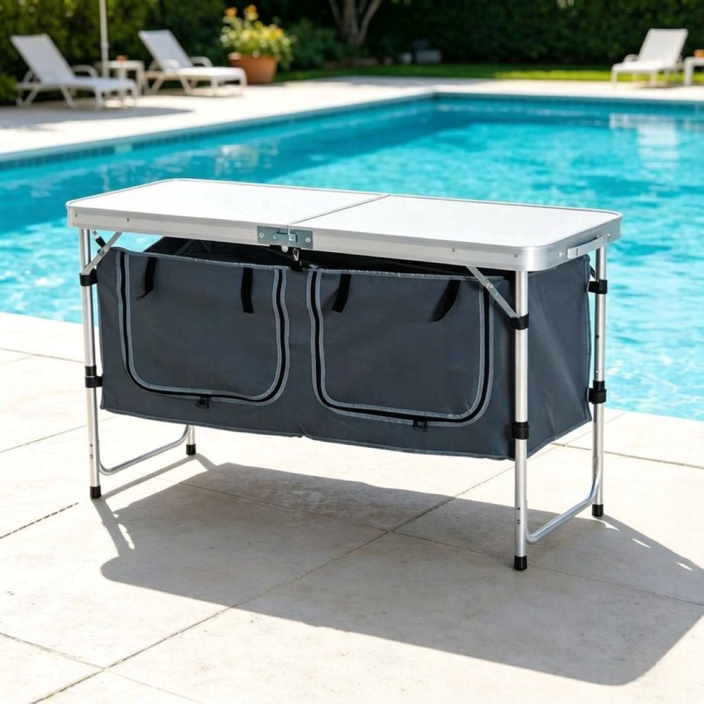 English Elm Foldable Outdoor Camp Table with Aluminum Frame Storage Carton and Adjustable Height T3971P533899