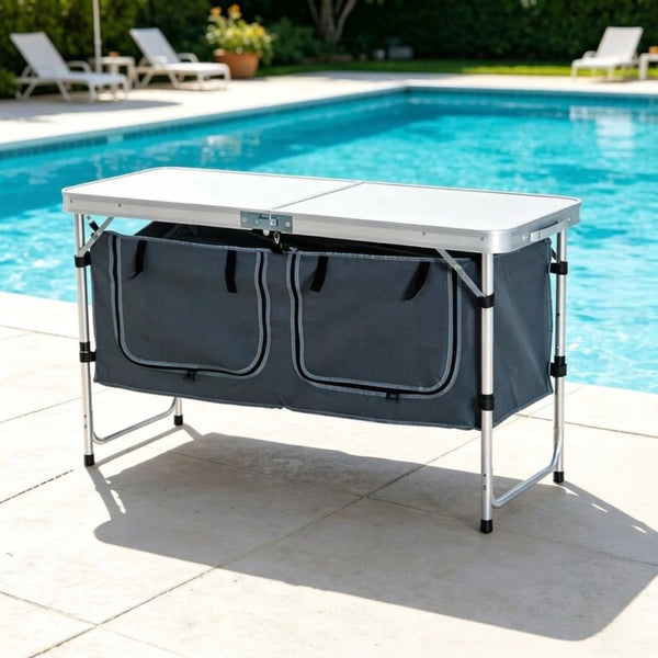 English Elm Foldable Outdoor Camp Table with Aluminum Frame Storage Carton and Adjustable Height T3971P533899