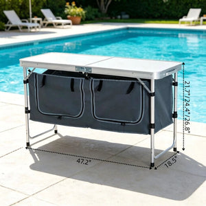 English Elm Foldable Outdoor Camp Table with Aluminum Frame Storage Carton and Adjustable Height T3971P533899