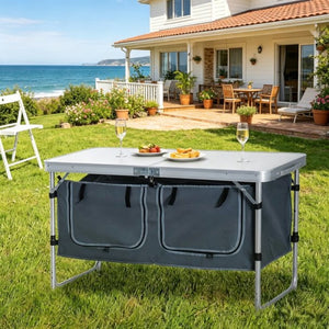 English Elm Foldable Outdoor Camp Table with Aluminum Frame Storage Carton and Adjustable Height T3971P533899