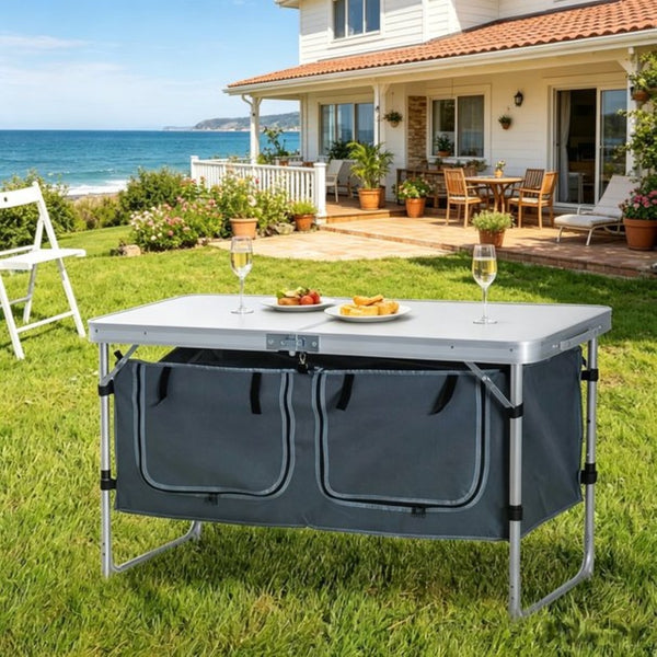 English Elm Foldable Outdoor Camp Table with Aluminum Frame Storage Carton and Adjustable Height T3971P533899