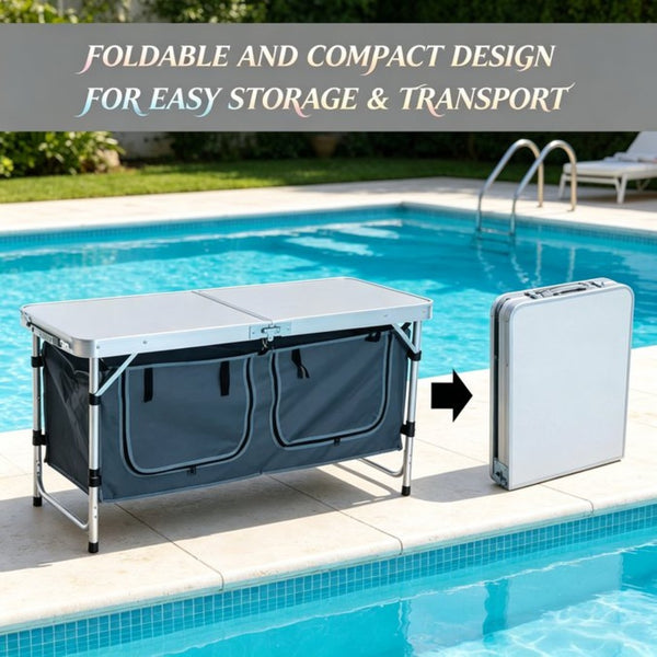 English Elm Foldable Outdoor Camp Table with Aluminum Frame Storage Carton and Adjustable Height T3971P533899