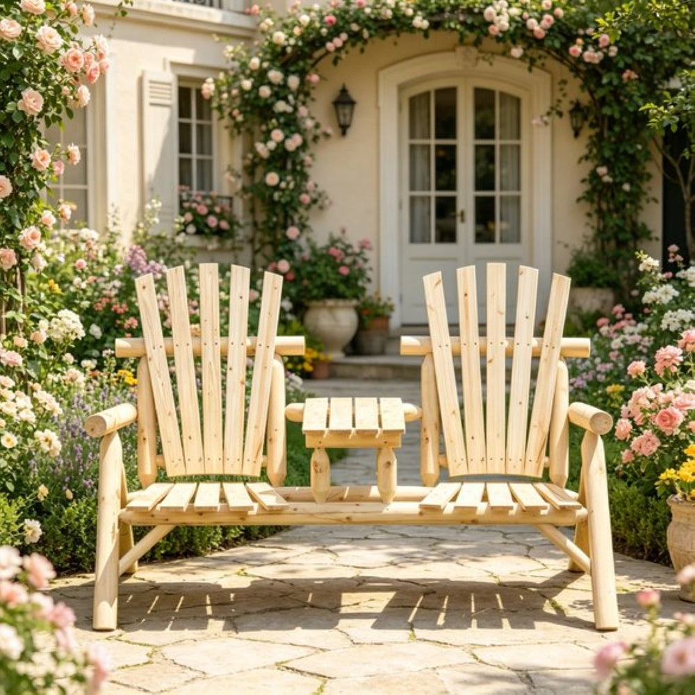 English Elm Wooden Adirondack Two Seat Fir Bench with Built in Center Table for Porch T3971P533911