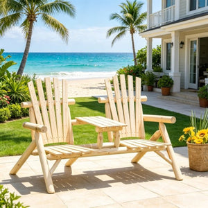 English Elm Wooden Adirondack Two Seat Fir Bench with Built in Center Table for Porch T3971P533911