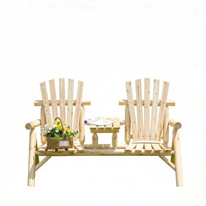English Elm Wooden Adirondack Two Seat Fir Bench with Built in Center Table for Porch T3971P533911