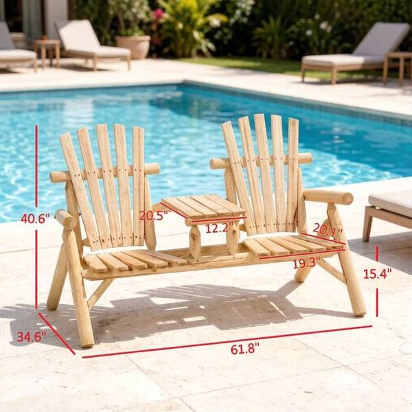 English Elm Wooden Adirondack Two Seat Fir Bench with Built in Center Table for Porch T3971P533911