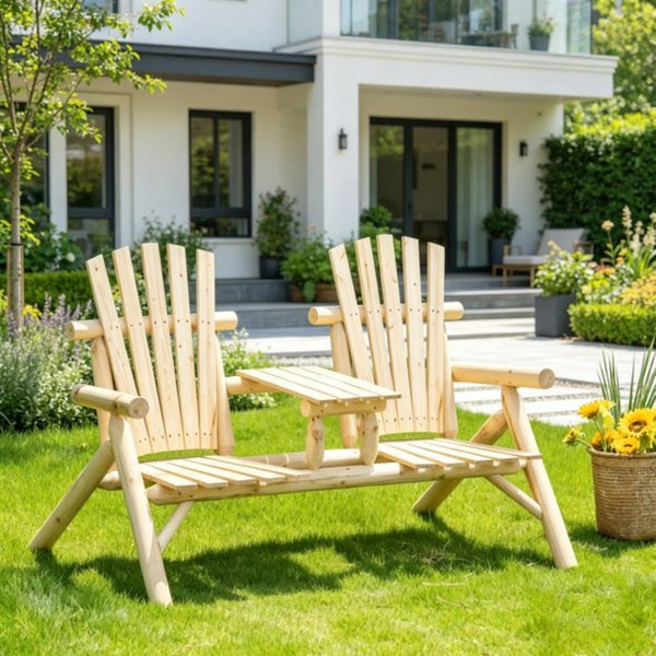 English Elm Wooden Adirondack Two Seat Fir Bench with Built in Center Table for Porch T3971P533911