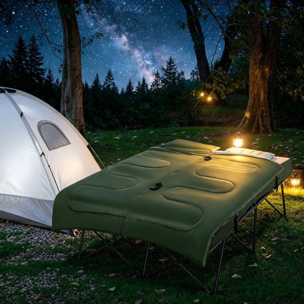 English Elm Outdoor Folding Double Cot with Air Mattress Sleeping Bag and Pillows for Two Campers T3971P533957