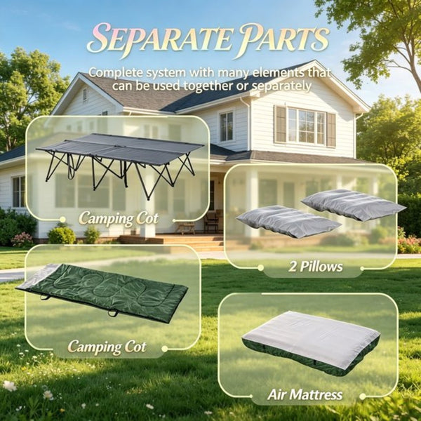 English Elm Outdoor Folding Double Cot with Air Mattress Sleeping Bag and Pillows for Two Campers T3971P533957